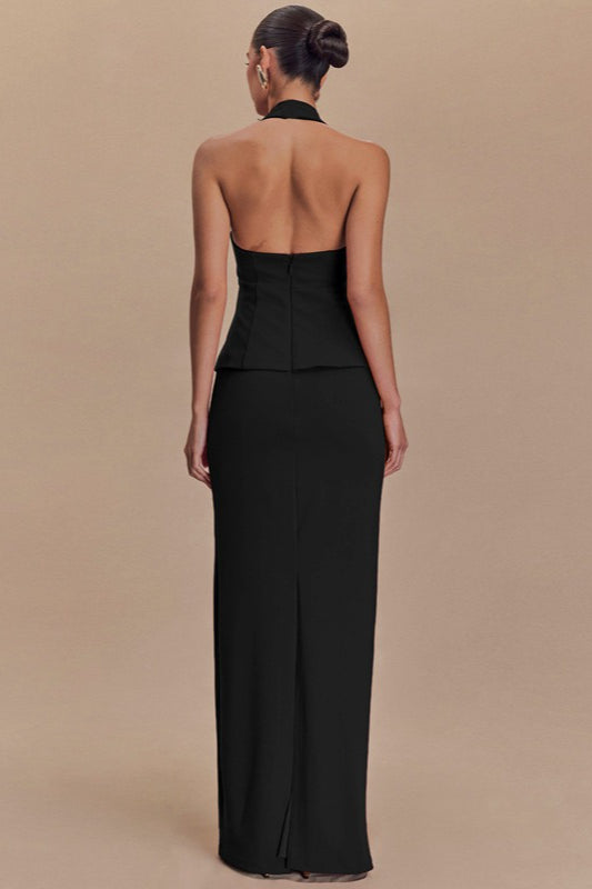Vestido Formal Largo sin Espalda con Cuello Halter Liso