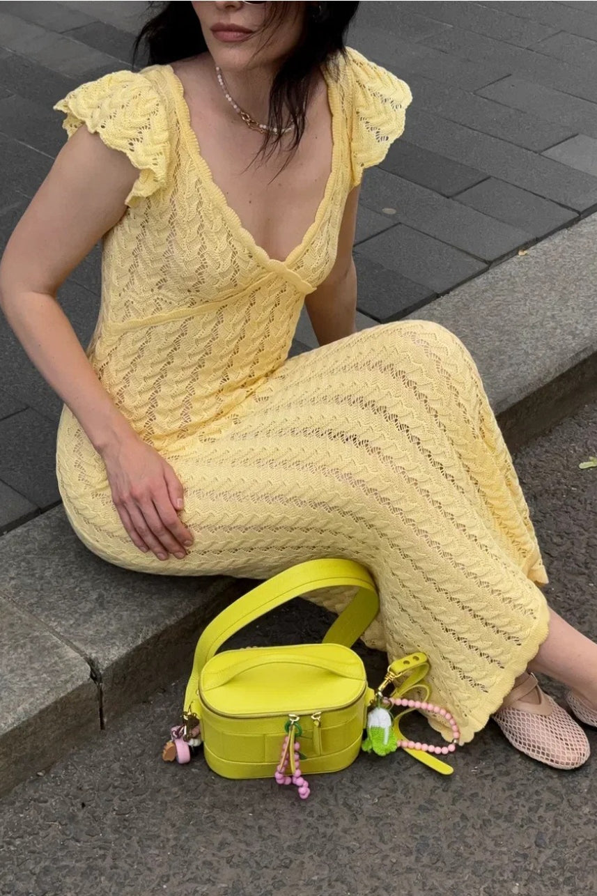 Vestido maxi pastoral de punto con cuello de pico y volantes franceses