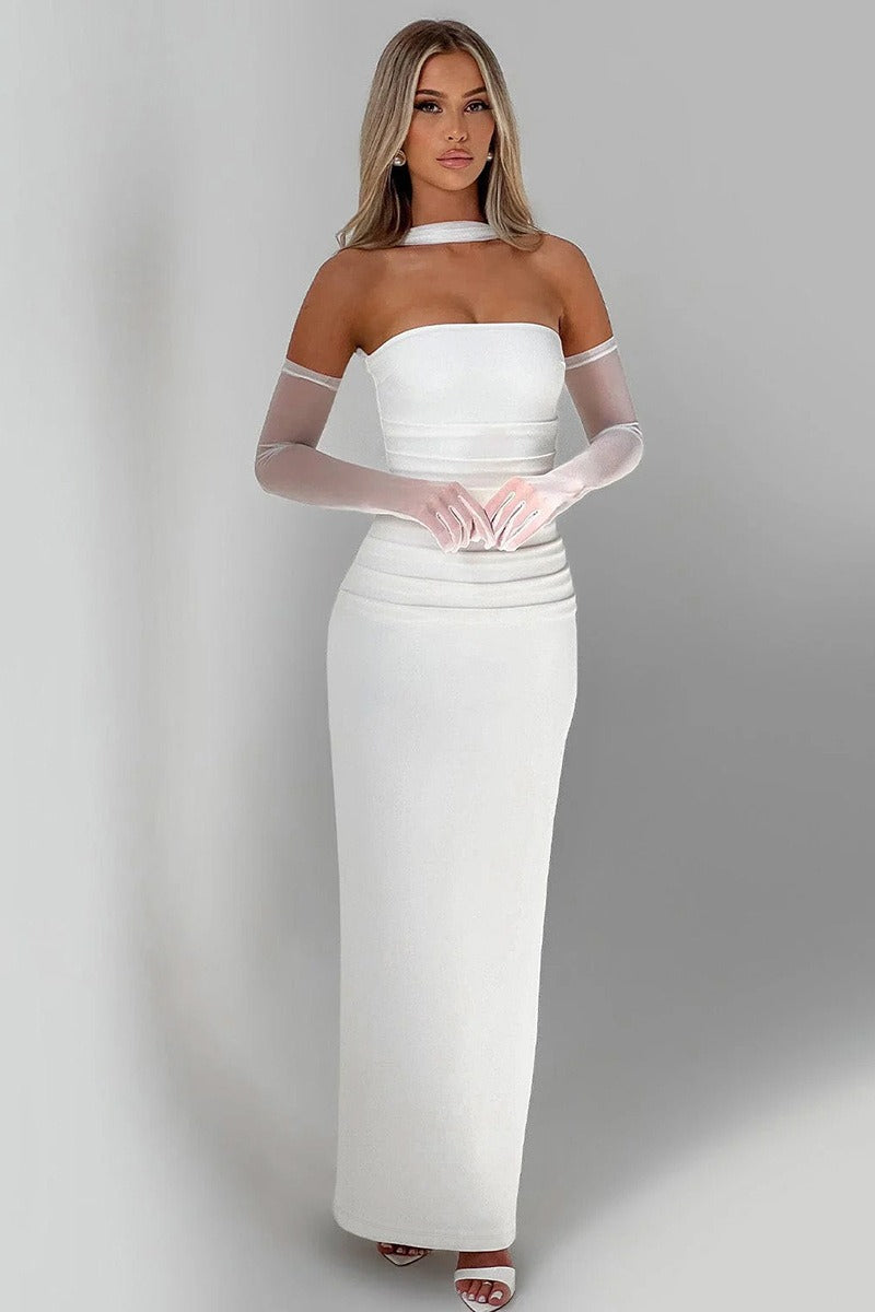 Vestido de gala tipo bustier con mangas transparentes