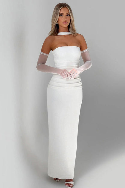 Vestido de gala tipo bustier con mangas transparentes