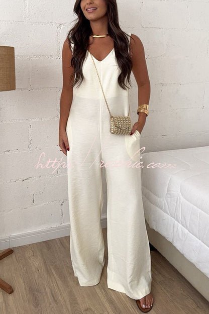 Elaris Linen Blend V-neck Tie-up Waist Pocketed H-line Wide Leg Jumpsuit