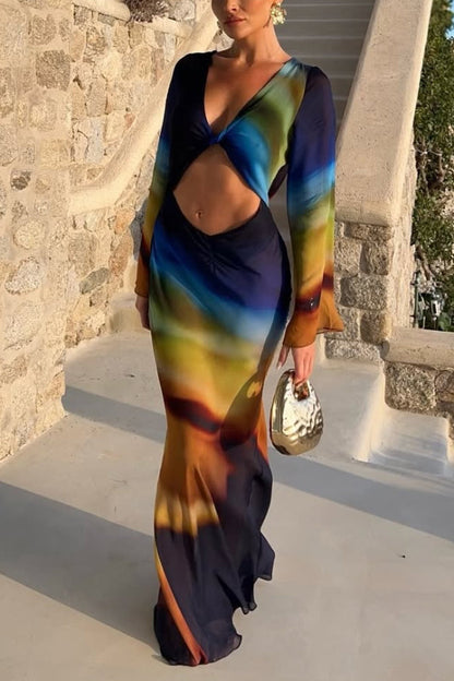 Medellin Neon Print Cowl Neck Twist Detail Long Sleeve Vacation Maxi Dress