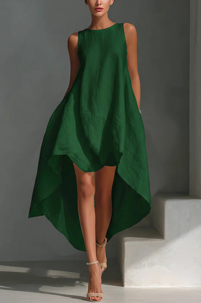 Linen Blend Solid Color Sleeveless Round Neck Irregular Casual Maxi Dress