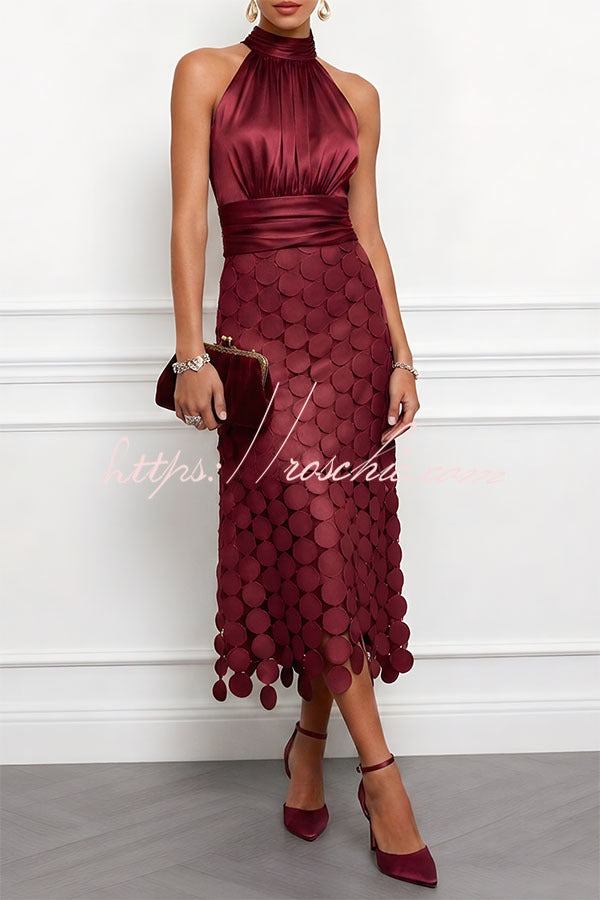 Janice Satin Ruched Halter Neck Sleeveless Embroidered Polka Dot Hem Midi Dress（Buy 2 Get Free Shipping)