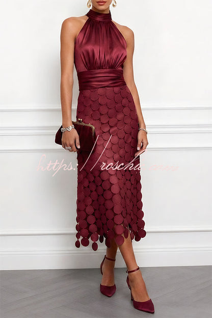 Janice Satin Ruched Halter Neck Sleeveless Embroidered Polka Dot Hem Midi Dress（Buy 2 Get Free Shipping)
