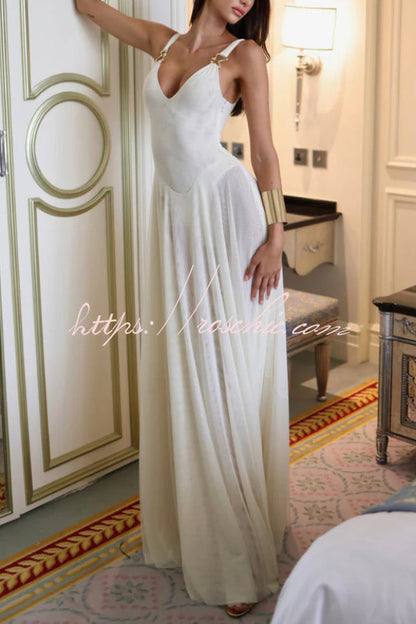 Solid Color V-neck Sleeveless Slim-fit Elegant Mesh Maxi Dress