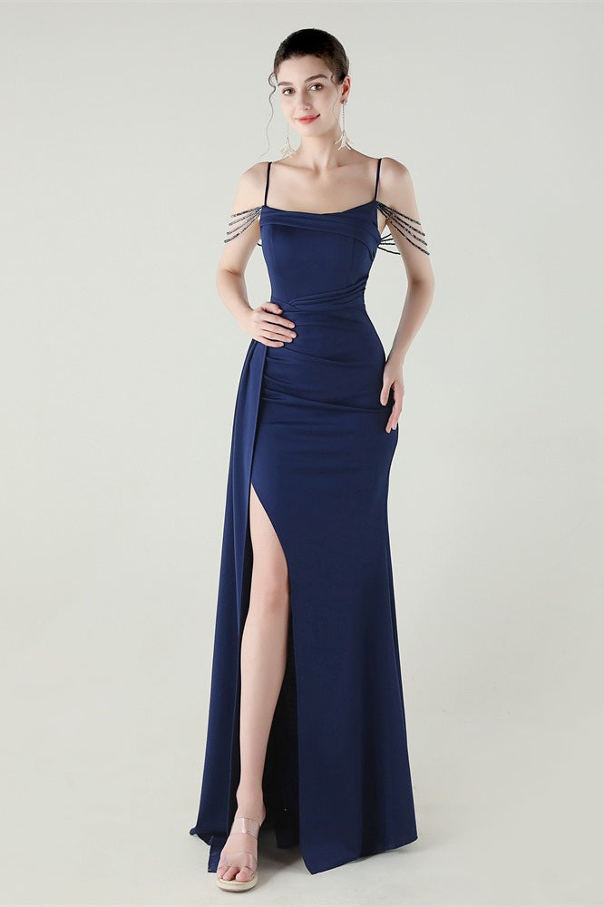 Vestido de fiesta de sirena de satén con tirantes finos