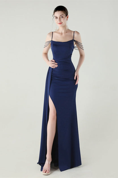 Vestido de fiesta de sirena de satén con tirantes finos
