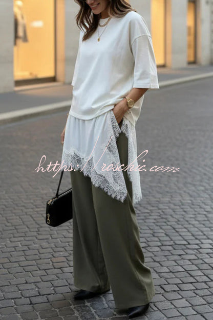 Stylish Round Neck Short-sleeved Patchwork Lace Hem Loose T-shirt
