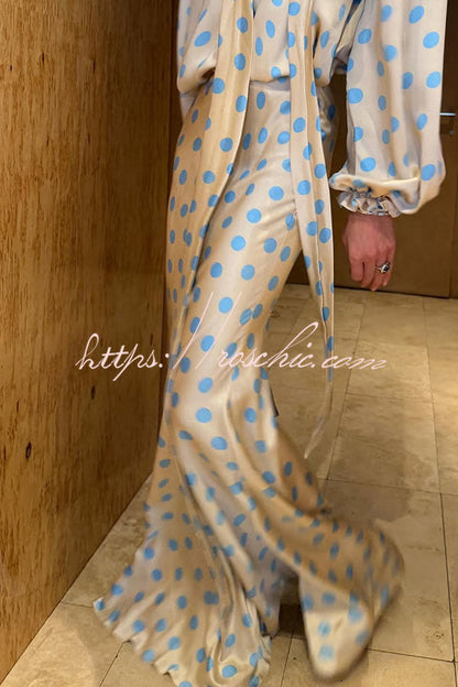 Vayla Satin Colorblock Polka Dot Print High Rise Flare Drape Maxi Skirt