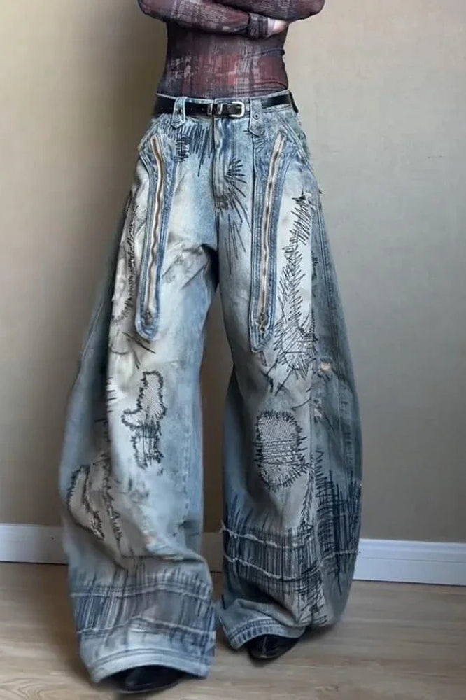 Pantalones vaqueros de pernera ancha con bordado de aguja