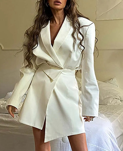 White Pockets Asymmetrical Mini Office Two Piece Set