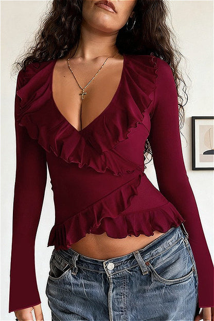 Camiseta de manga larga asimétrica con cuello en V, lazo delantero y volantes