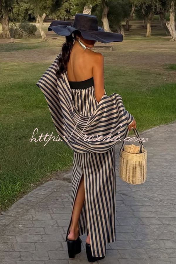 Berry Satin-Striped Detachable Balloon Sleeve Jacket Strapless Maxi Dress