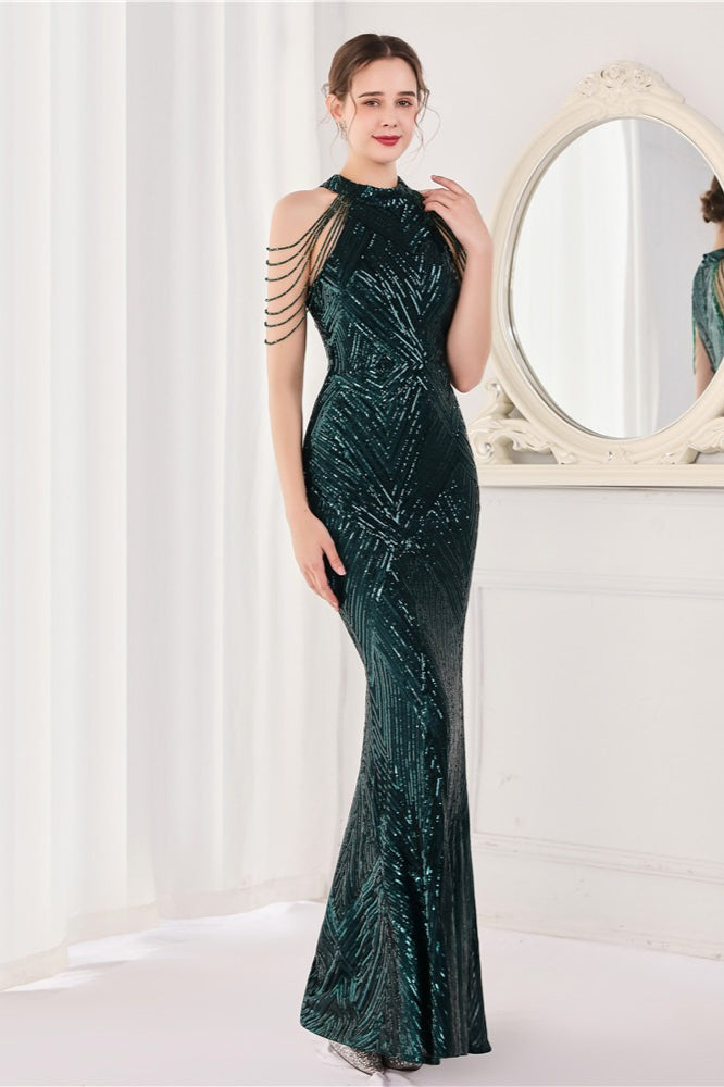 Vestido de fiesta maxi con lentejuelas, escote halter y corte de sirena