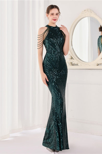Vestido de fiesta maxi con lentejuelas, escote halter y corte de sirena