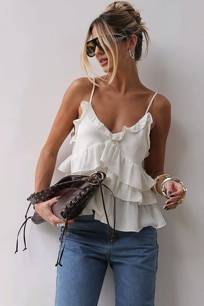 Camisola casual con cuello en V y volantes