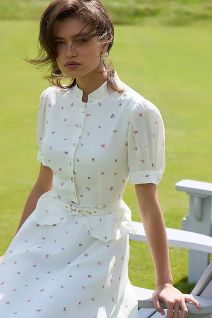 Puff Sleeve Floral Stand Collar Waist Cinch Two Piece Set