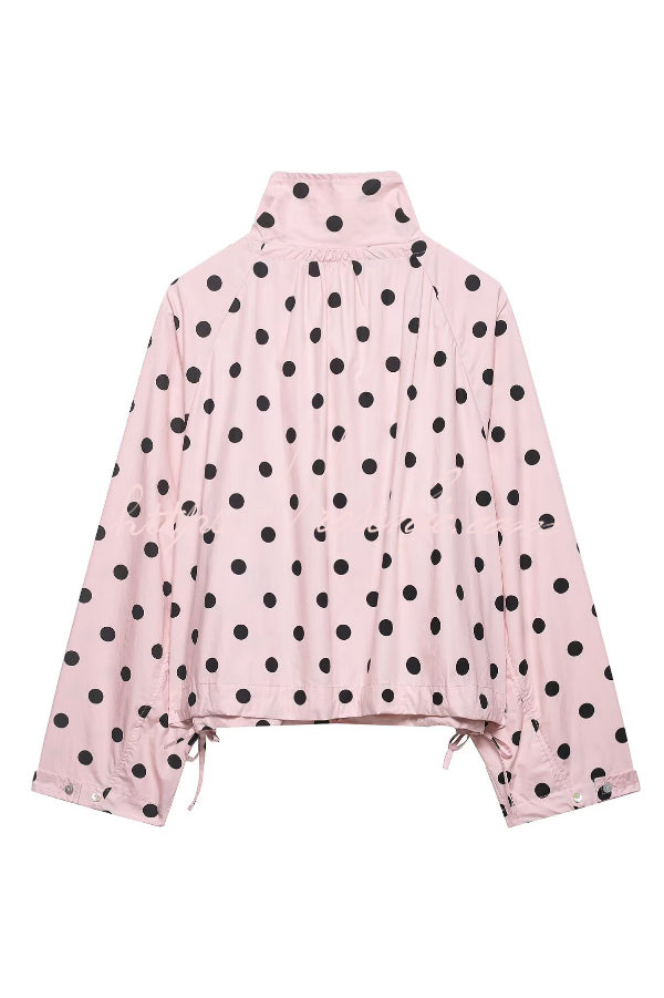 Polka Dot Print Loose Stand Collar Button Bow Tie Casual Long-sleeved Jacket