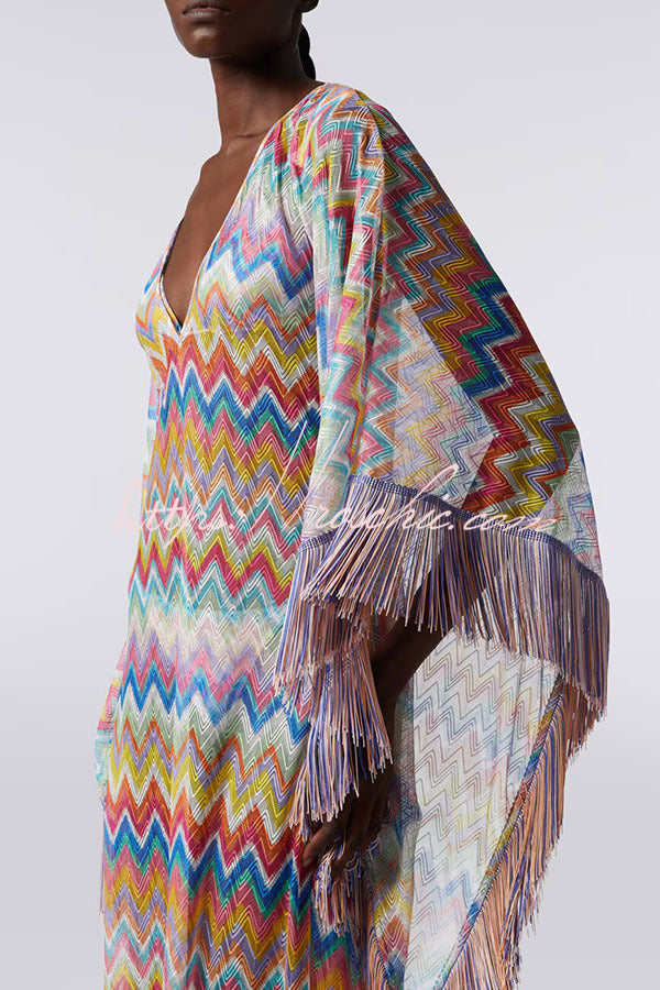 Casie Knit Colorful Zigzag Pattern Fringe Trim Cover-up Vacation Maxi Dress