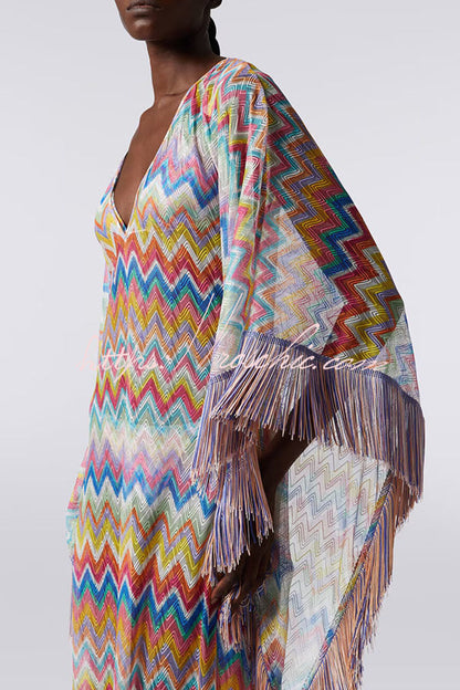 Casie Knit Colorful Zigzag Pattern Fringe Trim Cover-up Vacation Maxi Dress