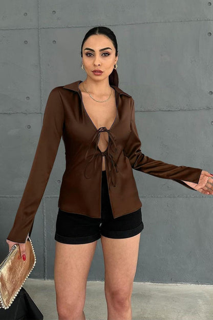 Satin Tie Front Fitted Blouse