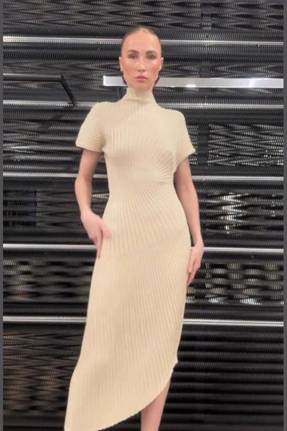 Solid Ribbed Pleated Slit Slim  Elegant Sweater Dress