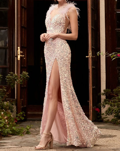Feather Red High Waist Prom Dress
