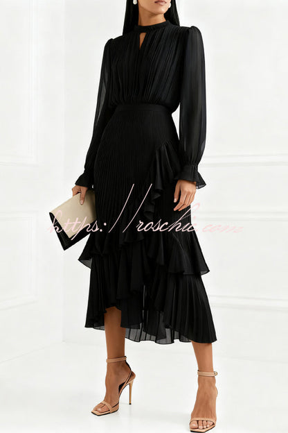 Solid Color Round Neck Long Sleeve Fitted Waist Pleated Ruffle Midi Dress