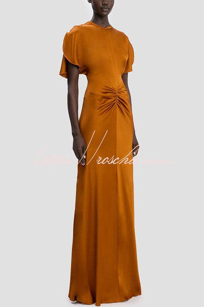 Isabella Satin Short Sleeve Ruched Waist V-shape Back Gown Maxi Dress