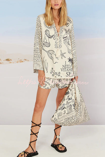 Live By Water Satin Unique Letter Print Tassle Shirt and Elastic Waist Shorts Set (Shipped Within 24 Hours)
