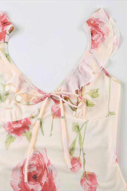Vestido midi con cuello en V de malla y estampado floral