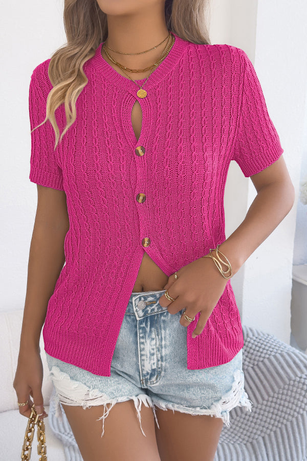 Solid Color Openwork Round Neck Short-sleeved Knit Cardigan