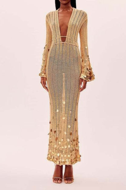 V Neck Belted Sequin Knit Long Boho Dress