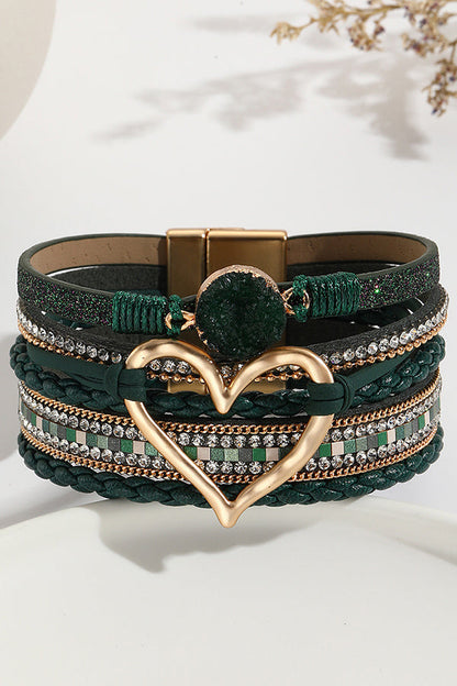 Bohemian Leather Cord Multi-layered Raw Stone Heart Bracelet