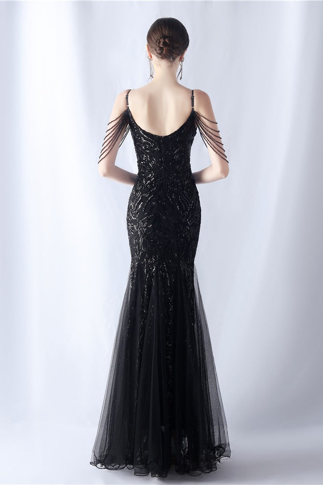 Vestido maxi de cóctel de malla con abalorios