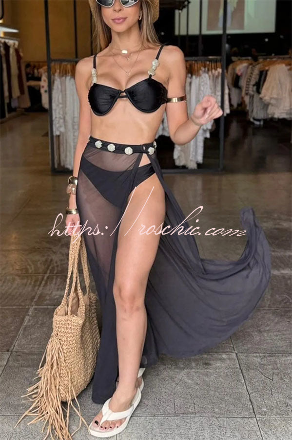 Colored Stones Detail Straps Elastic Bikini and Tulle Lace-up Waist Cover-up Maxi Skirt Three-piece Set