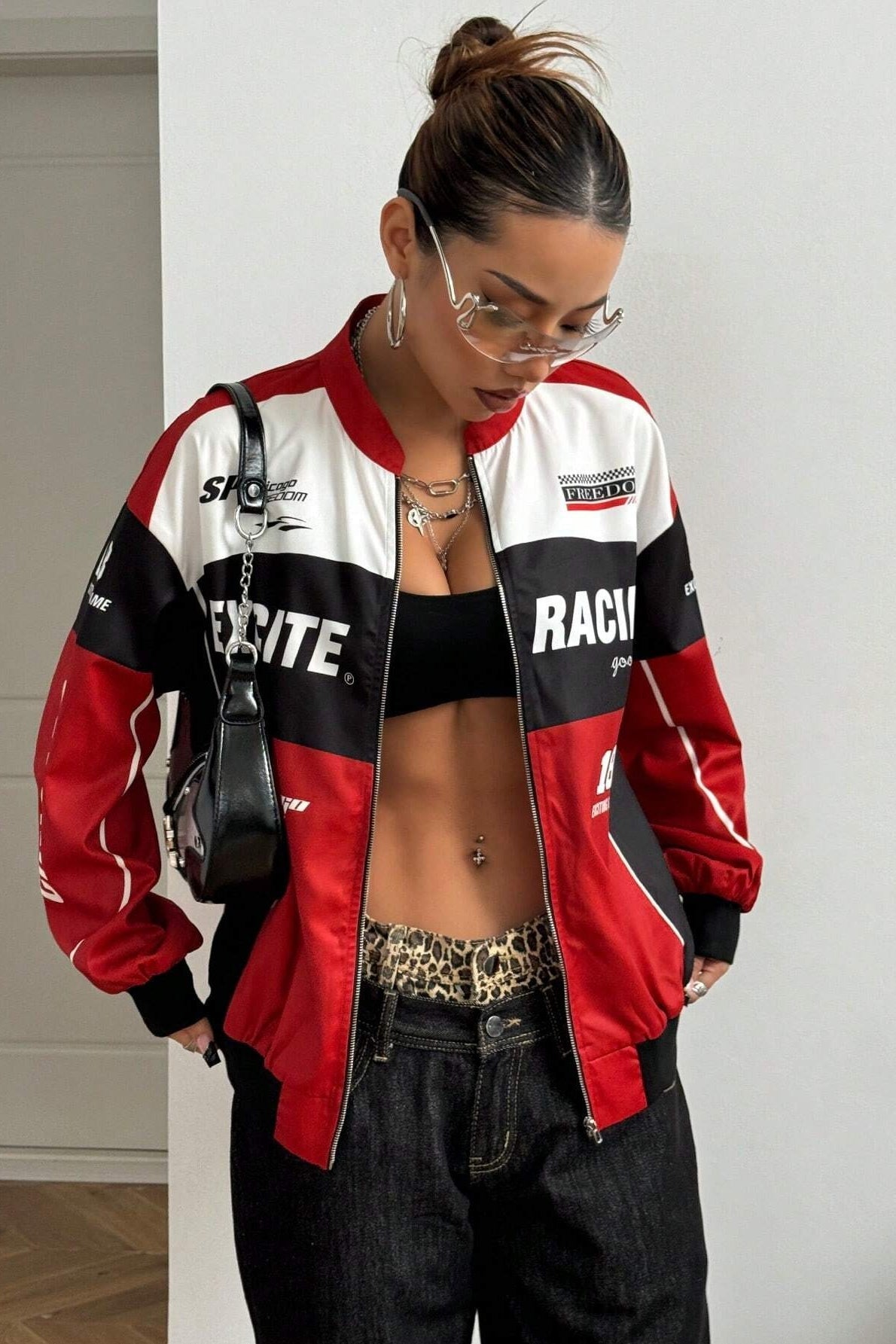 Chaqueta de manga larga estilo motorista color block con diseño de letras