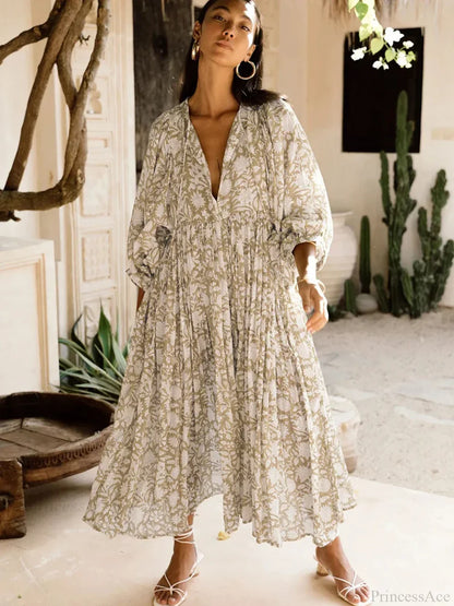 Fitshinling Boho Vintage Lantern Sleeve Dress