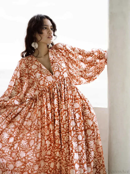 Fitshinling Boho Vintage Lantern Sleeve Dress