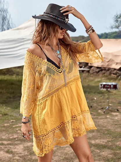 Fitshinling V-neck Sheer Lace Boho Cover-up