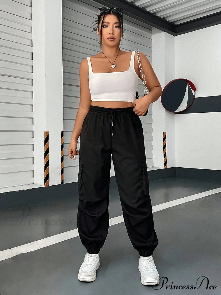 Flap Pocket Side Drawstring Waist Cargo Pants