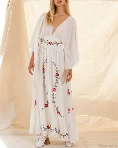 Flare Long Sleeve Deep V-neck Cotton Dress