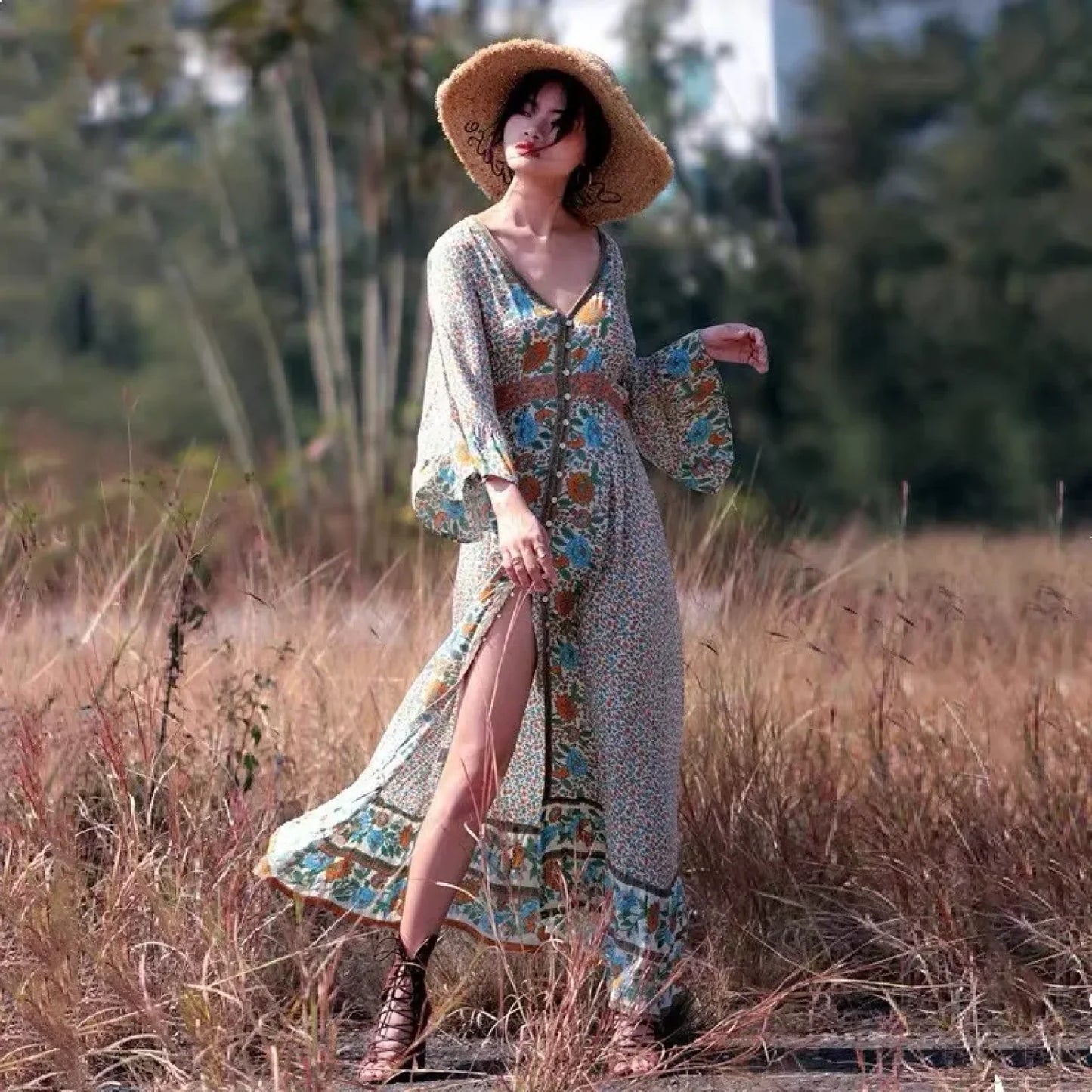 Flare Sleeve Button Down Printing Chic Boho Dress