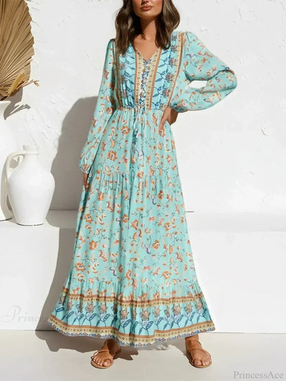 Flare Sleeve Purple Floral V-neck Maxi Boho Dress