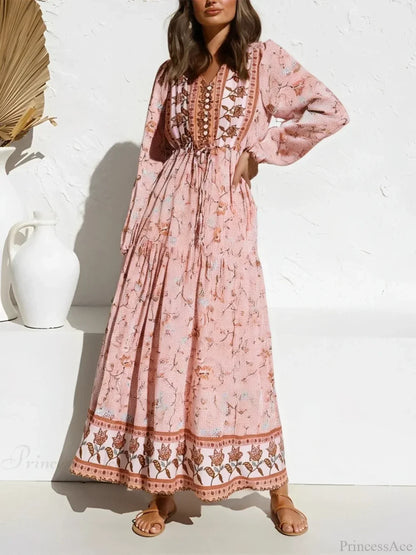 Flare Sleeve Purple Floral V-neck Maxi Boho Dress