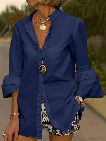Flare Sleeve Solid Color V Neck Blouse