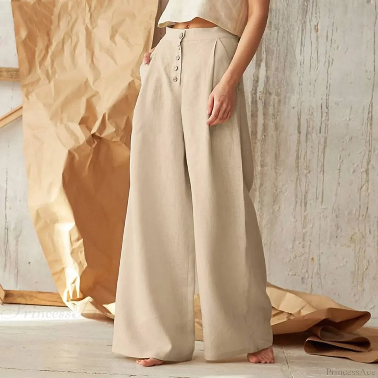 Flared Solid Color High Waist Cotton Linen Pant