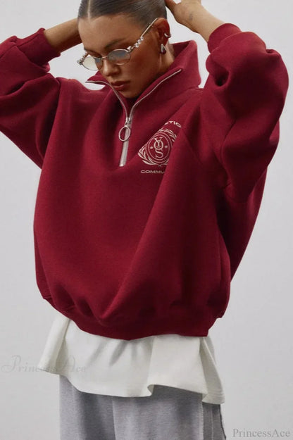 Fleece-Lined Letter Embroidery Stand Collar Half-Zip Sweatshirts