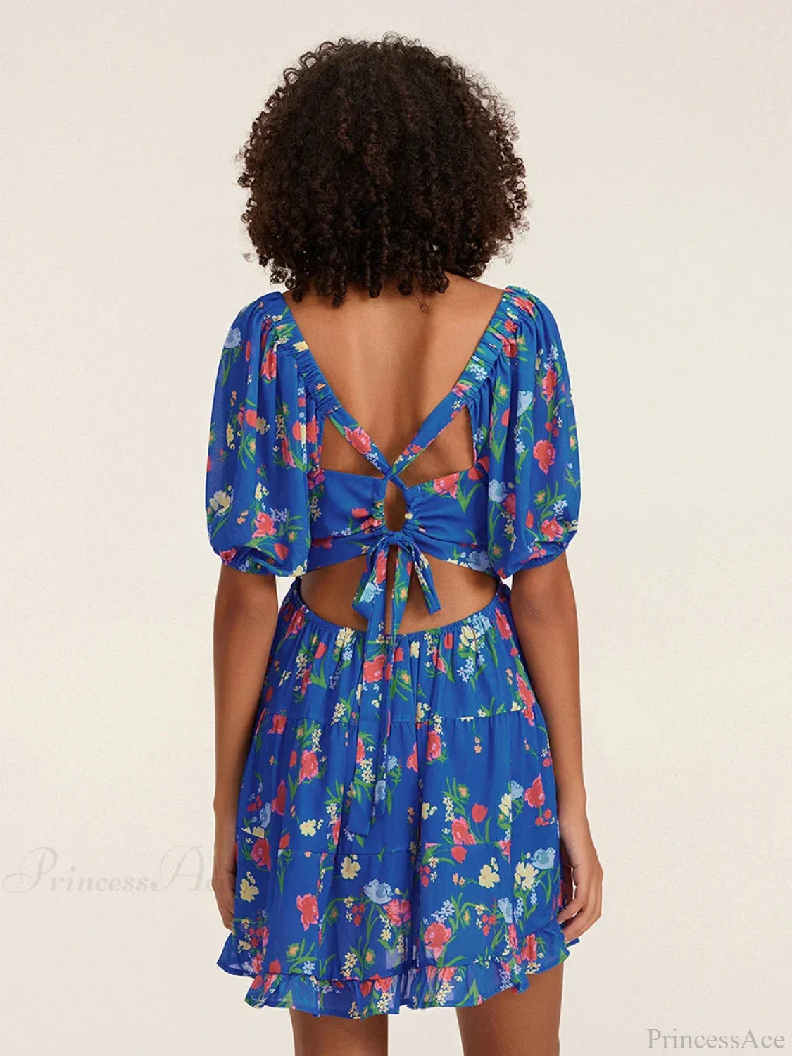 Floral A-Line Mini Puff Short Sleeve Tie-Up Front Flared Vacation Party Dress
